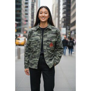 H&M NYC Divided Green Camo Jacket Orange Lettering New York Theme Sz M